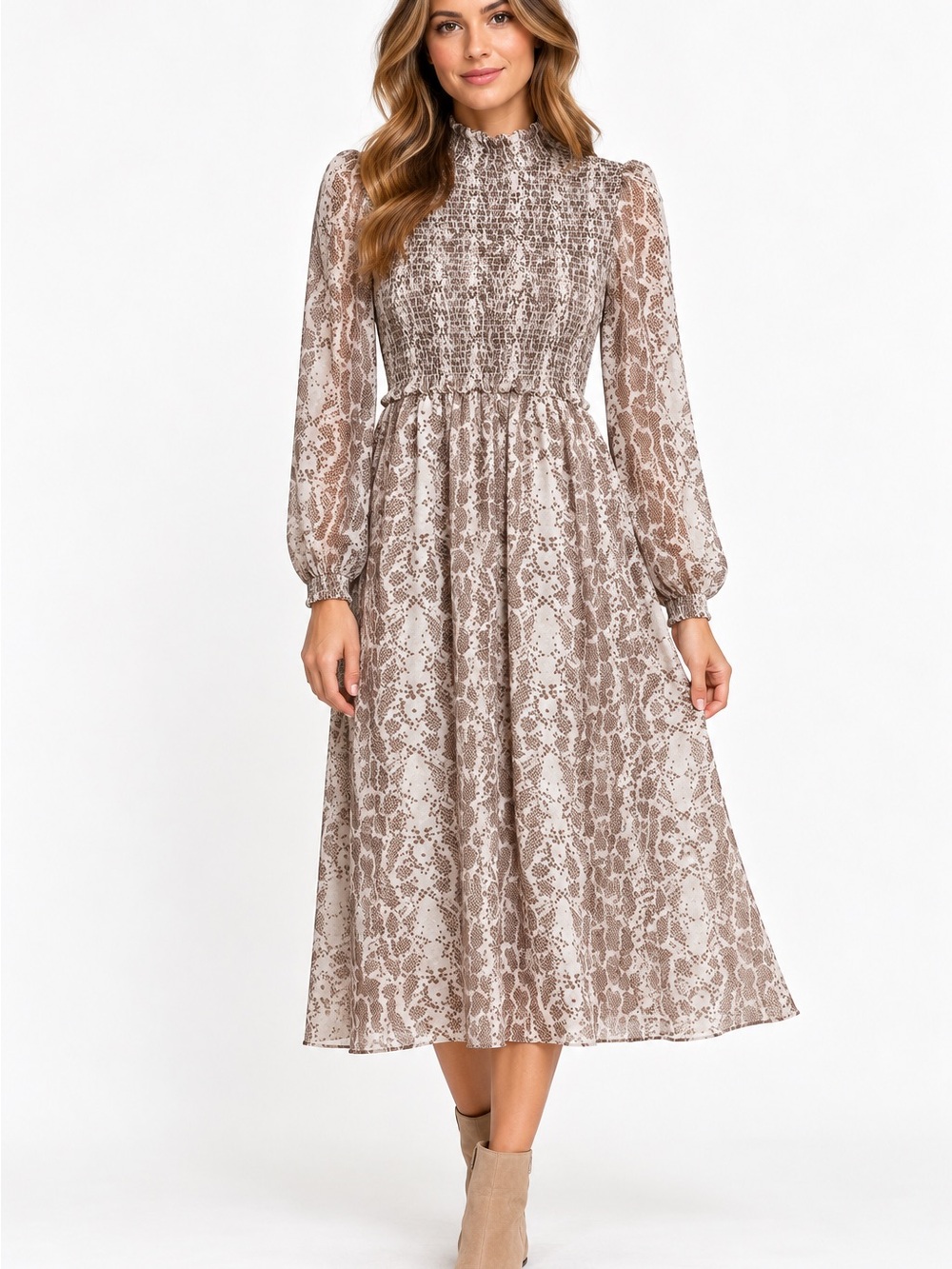 Bailey Blue M Snakeskin Smocked Midi Dress Puff Sleeve Boho